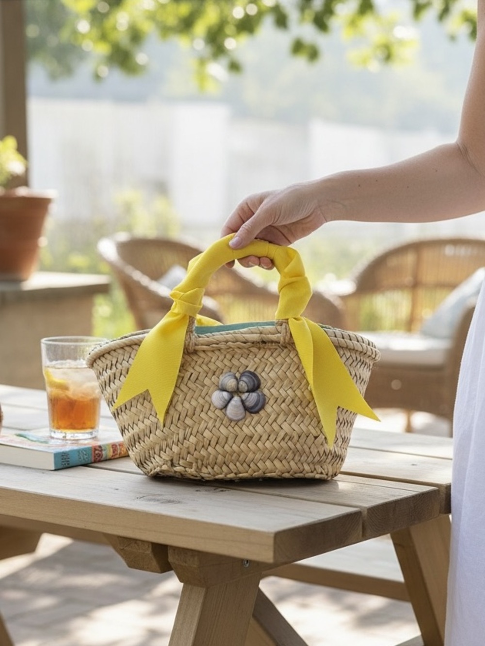 Sarah Bray Bermuda Wicker Basket Bag Yellow Ribbon Shell Flower Coastal Summer